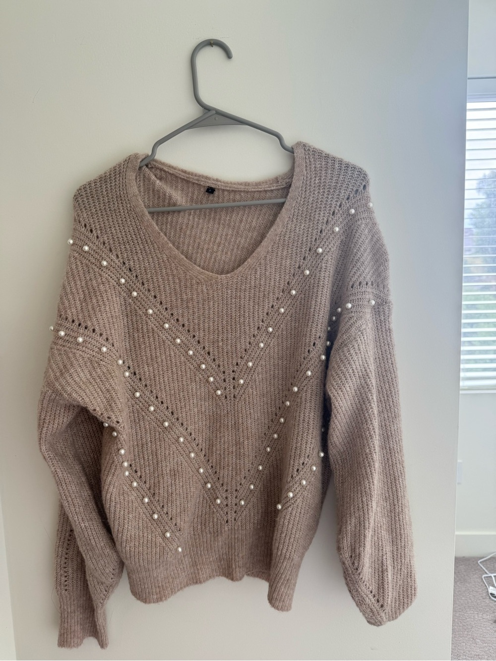 Pearl-Embellished V-Neck Sweater in Taupe